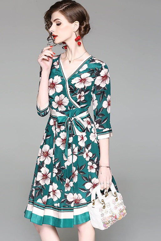 V Neck Floral Silk Dress