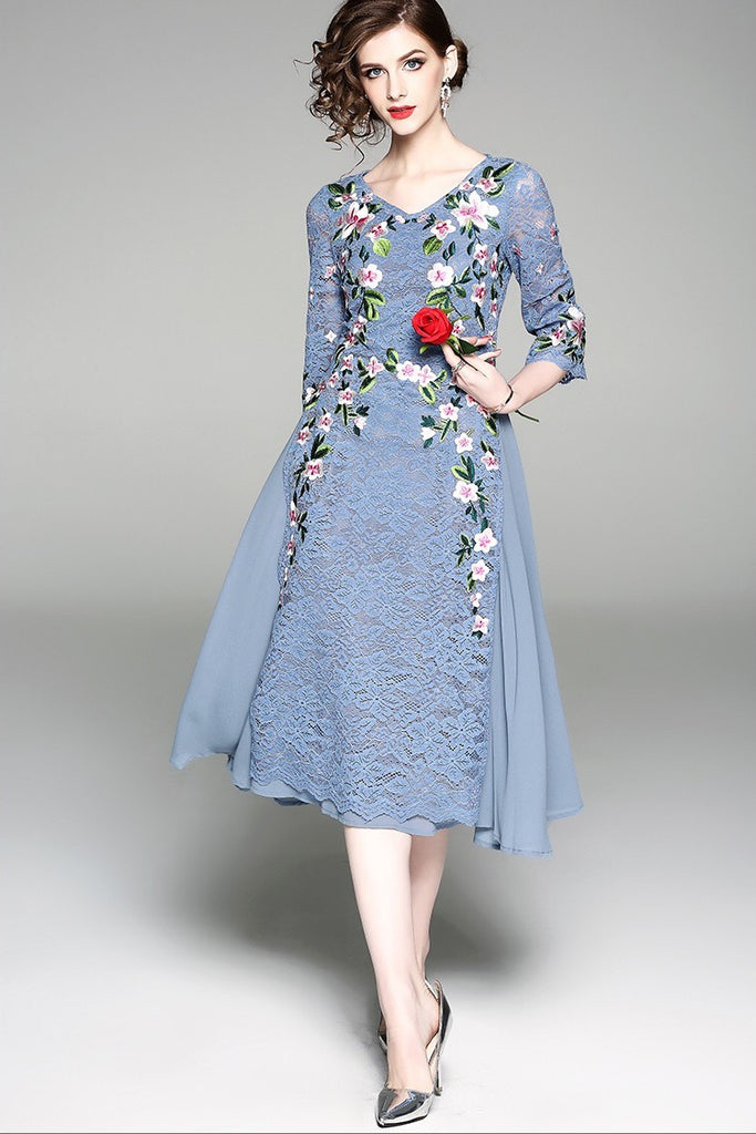 Floral Embroidered Dress W/ Side Slit