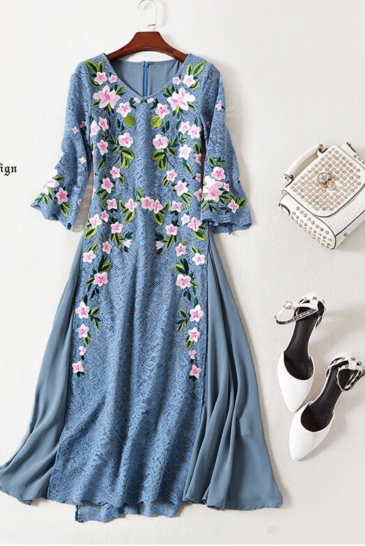 Floral Embroidered Dress W/ Side Slit