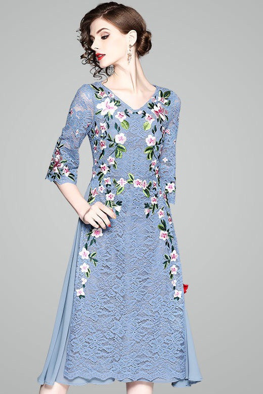 Floral Embroidered Dress W/ Side Slit