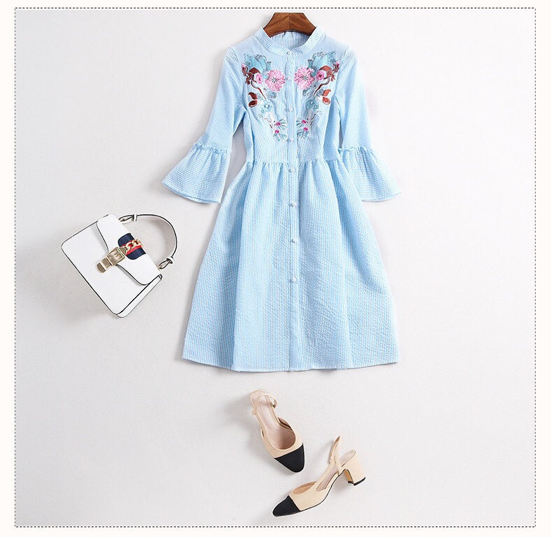 Floral Embroidered Stripe Shirt Dress