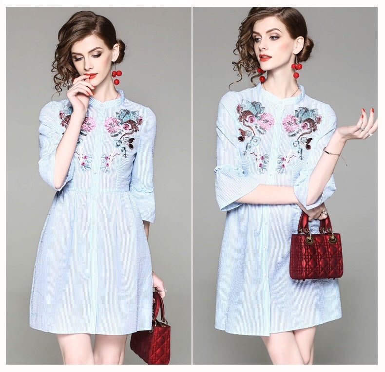 Floral Embroidered Stripe Shirt Dress