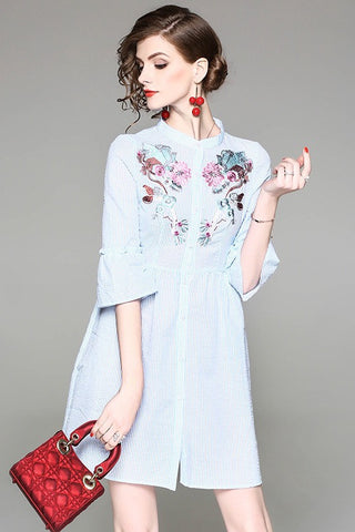 Floral Embroidered Stripe Shirt Dress