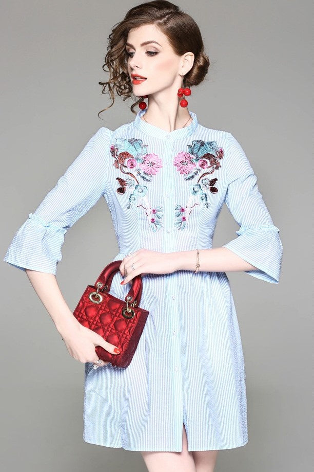 Floral Embroidered Stripe Shirt Dress