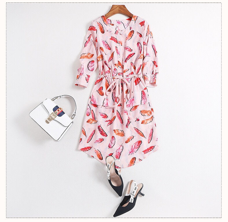 Feather Print Silk Dress