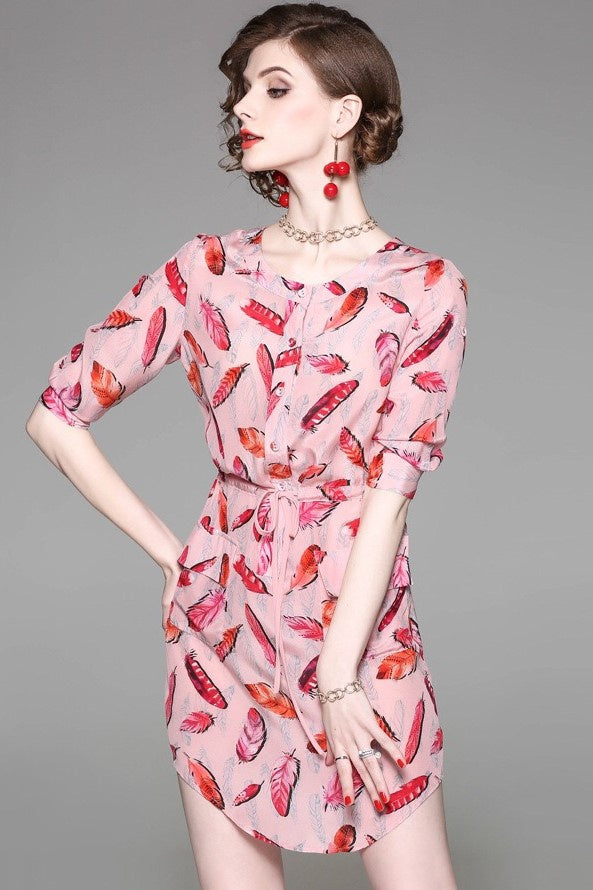Feather Print Silk Dress
