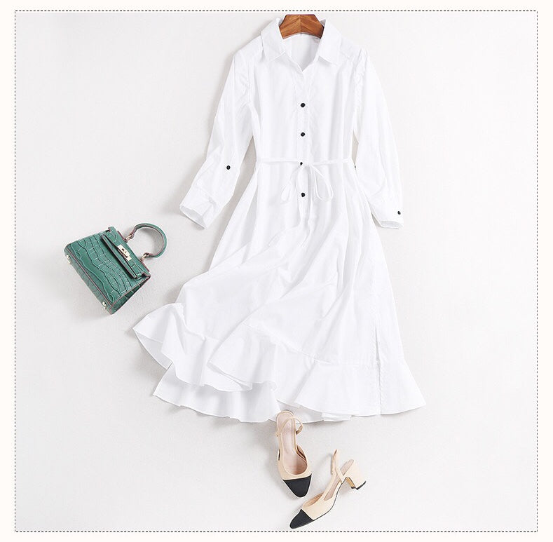 White Shirt Dress W/ Ruffle Hem