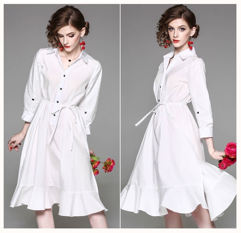 White Shirt Dress W/ Ruffle Hem