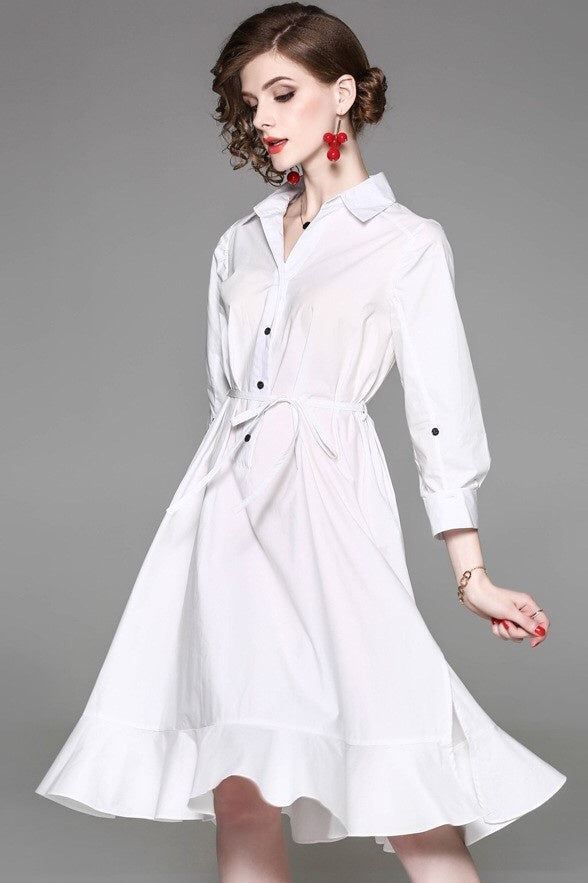 White Shirt Dress W/ Ruffle Hem