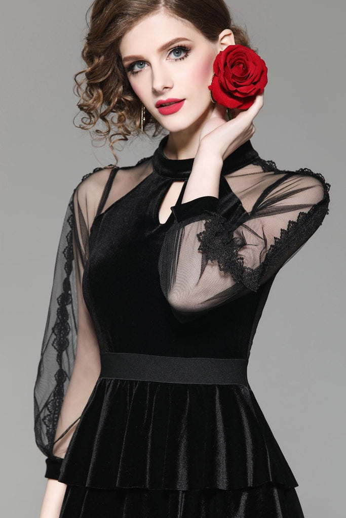 Velvet Tiered Dress W/ Mesh Sleeve