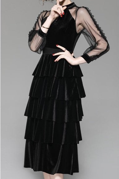 Velvet Tiered Dress W/ Mesh Sleeve
