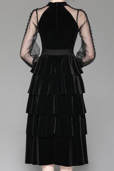 Velvet Tiered Dress W/ Mesh Sleeve