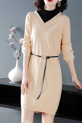 Nude Sweater Dress W/ Black Neck