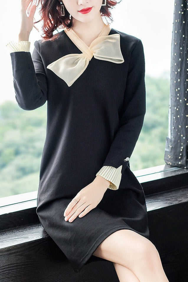 Black Bow Neck A-Line Dress