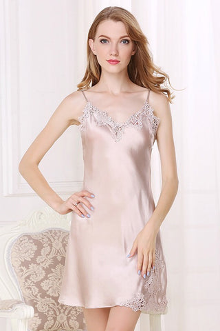 Ladies Silk Short Nightgown W/ Lace