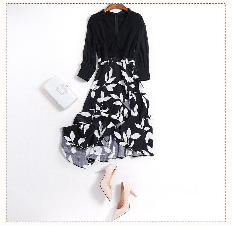 V Neck Asymmetrical Hem Chiffon Dress