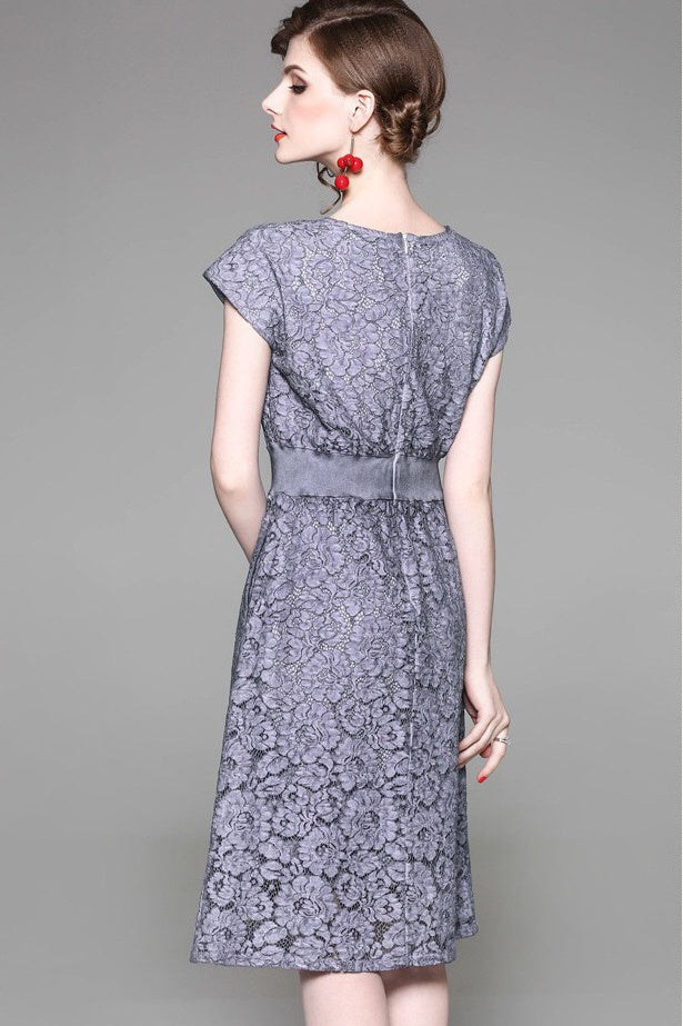 Lace Midi Dress W/ Waist Contrast