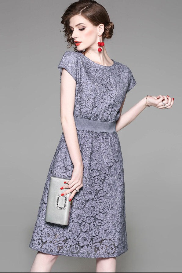 Lace Midi Dress W/ Waist Contrast