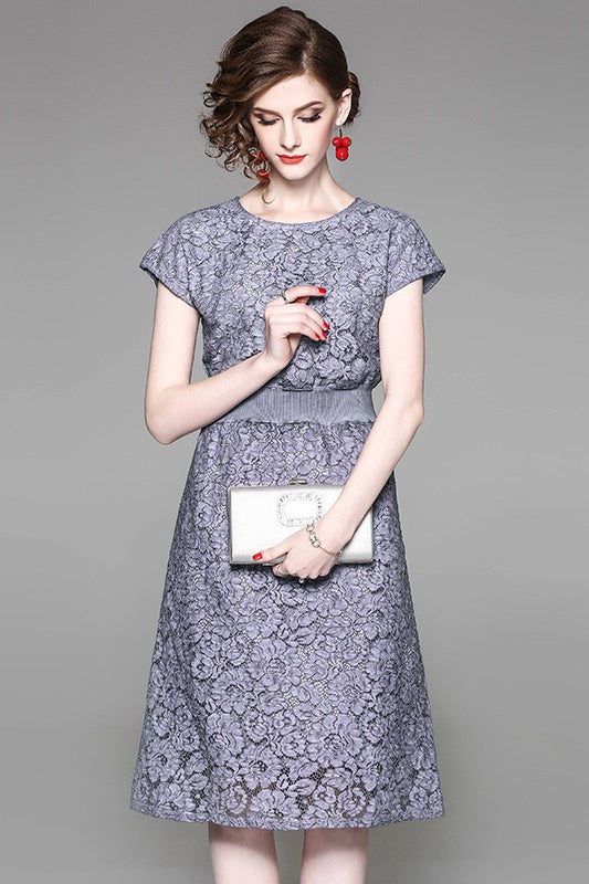 Lace Midi Dress W/ Waist Contrast