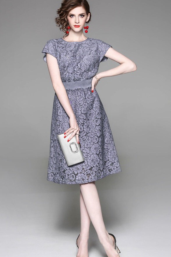 Lace Midi Dress W/ Waist Contrast