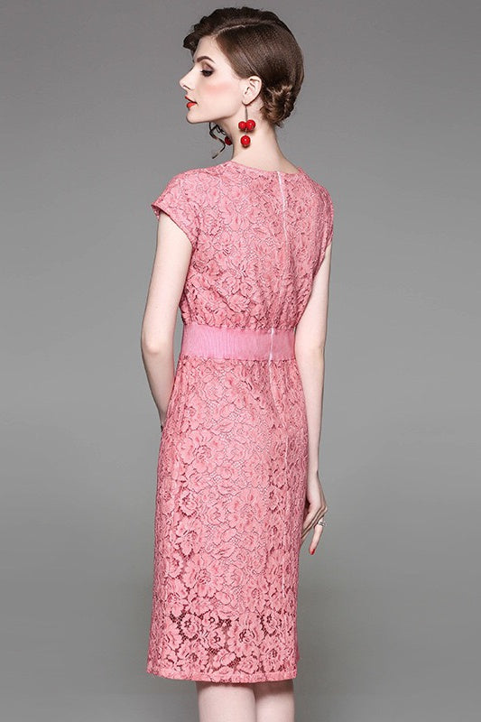 Lace Midi Dress W/ Waist Contrast