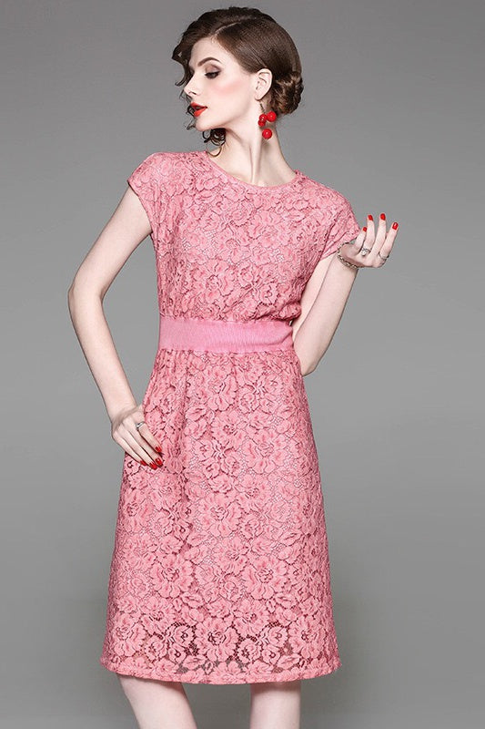 Lace Midi Dress W/ Waist Contrast