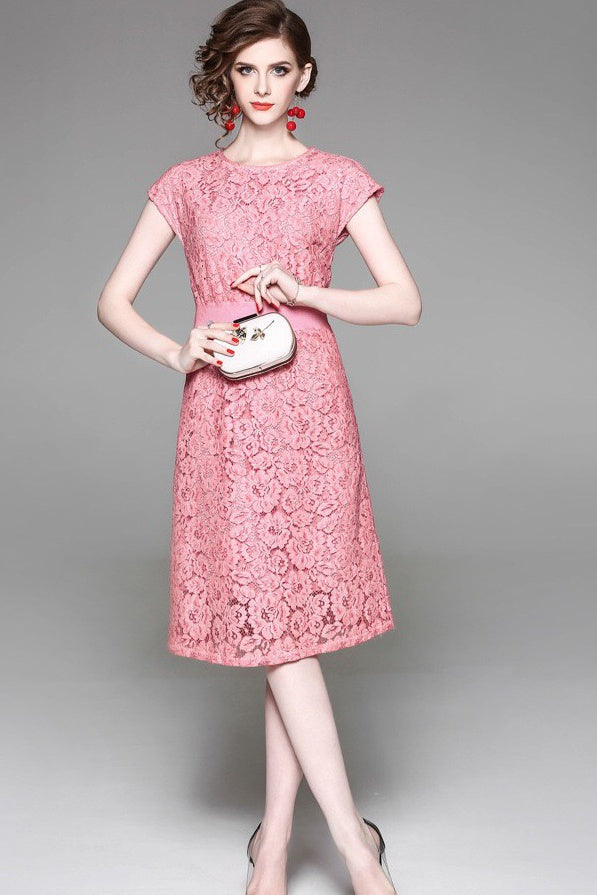 Lace Midi Dress W/ Waist Contrast