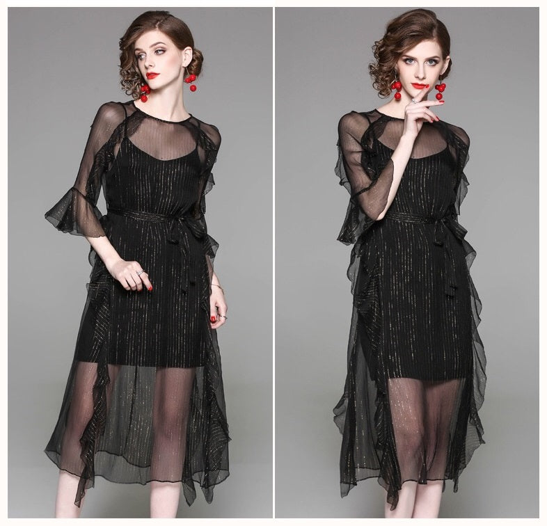 Black Silk Dress W/ Ruffle Detail