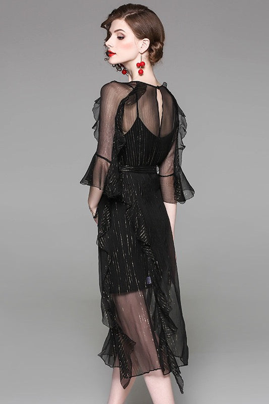 Black Silk Dress W/ Ruffle Detail