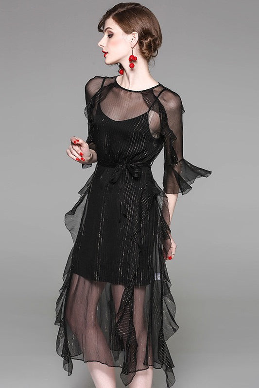 Black Silk Dress W/ Ruffle Detail