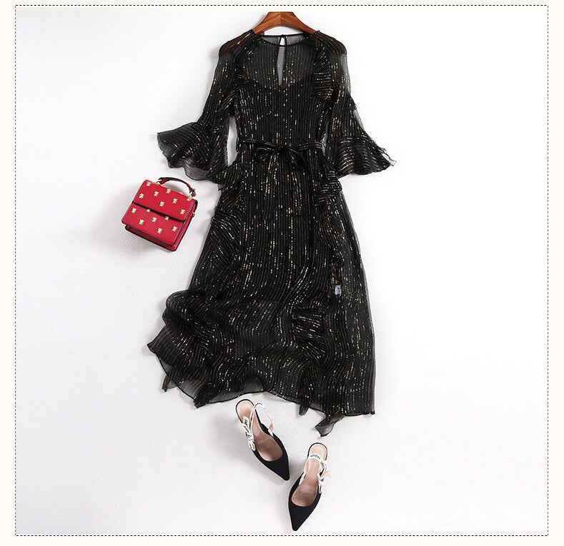 Black Silk Dress W/ Ruffle Detail