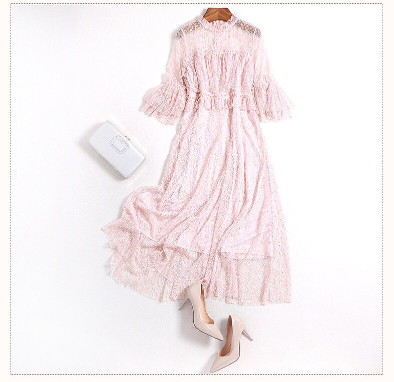 Lace Dress W/ Gold Dot and Ruffle Detail