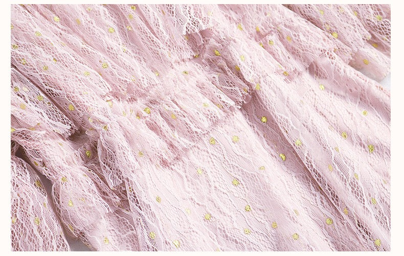 Lace Dress W/ Gold Dot and Ruffle Detail