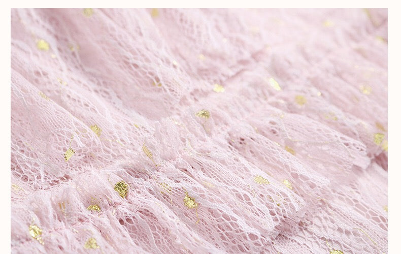 Lace Dress W/ Gold Dot and Ruffle Detail