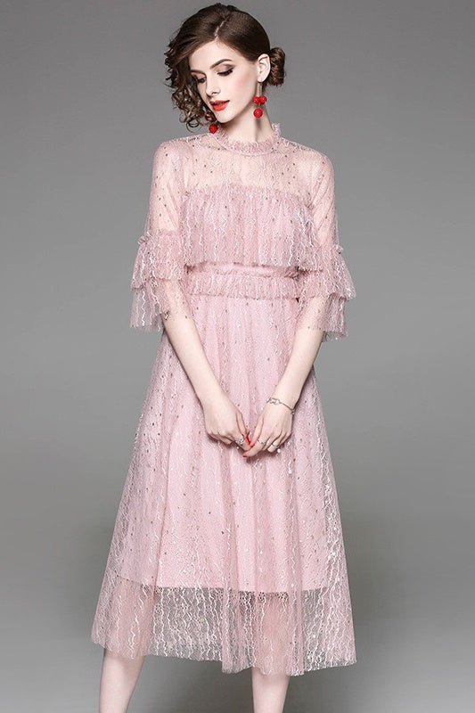 Lace Dress W/ Gold Dot and Ruffle Detail