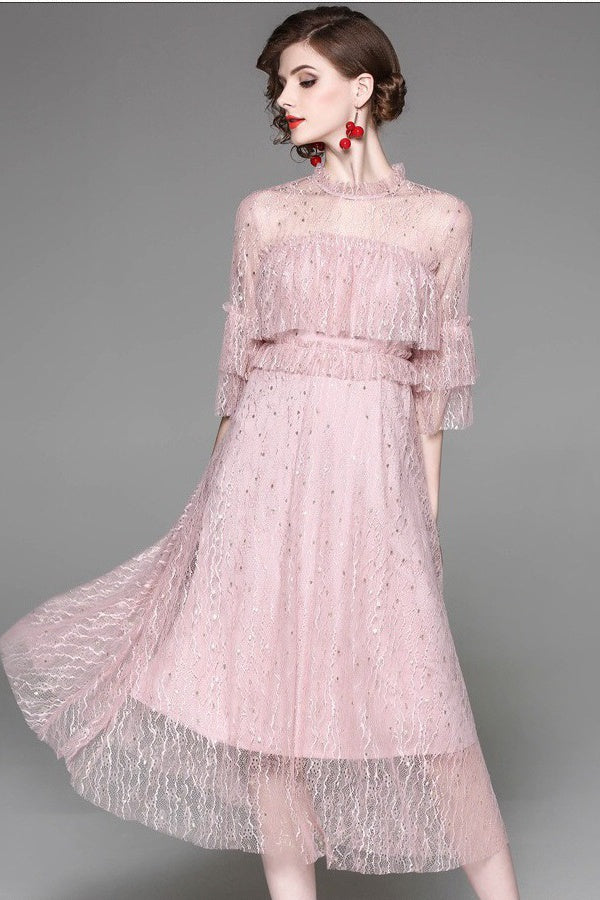 Lace Dress W/ Gold Dot and Ruffle Detail