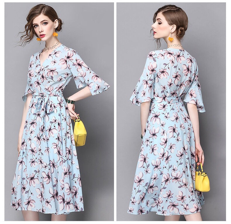 V Neck Floral Chiffon Dress - Dress Album