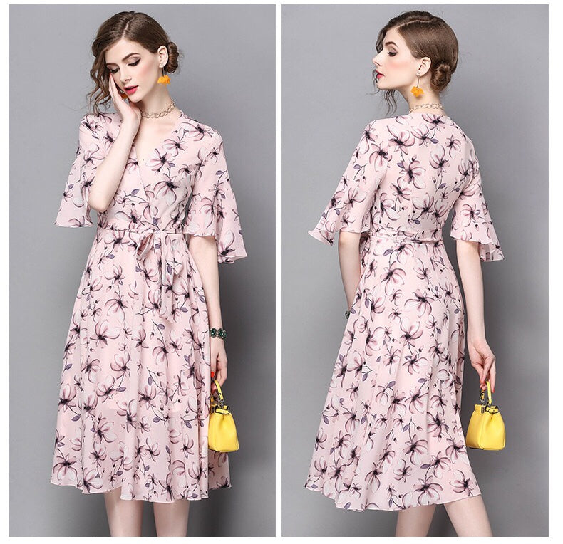 V Neck Floral Chiffon Dress