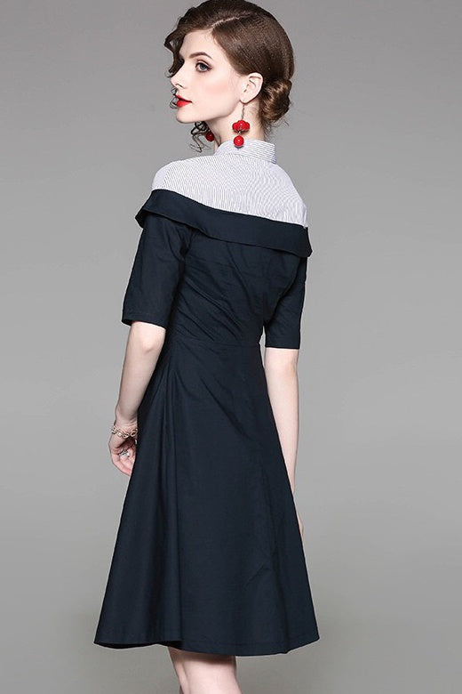 Navy Dress W/ Stripe Contrast