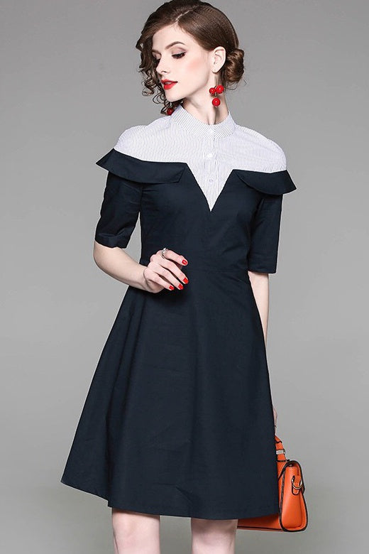 Navy Dress W/ Stripe Contrast