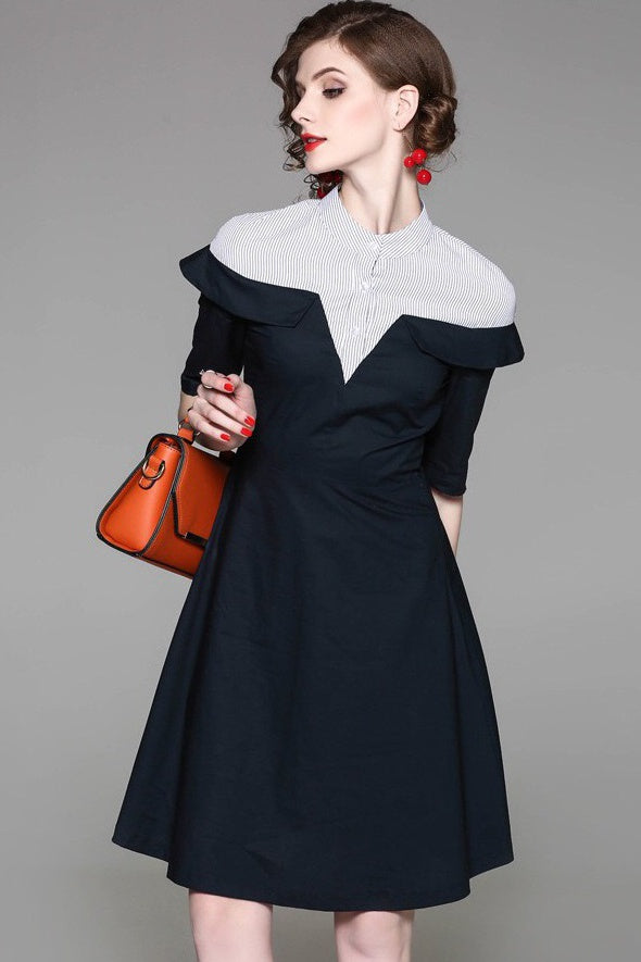 Navy Dress W/ Stripe Contrast