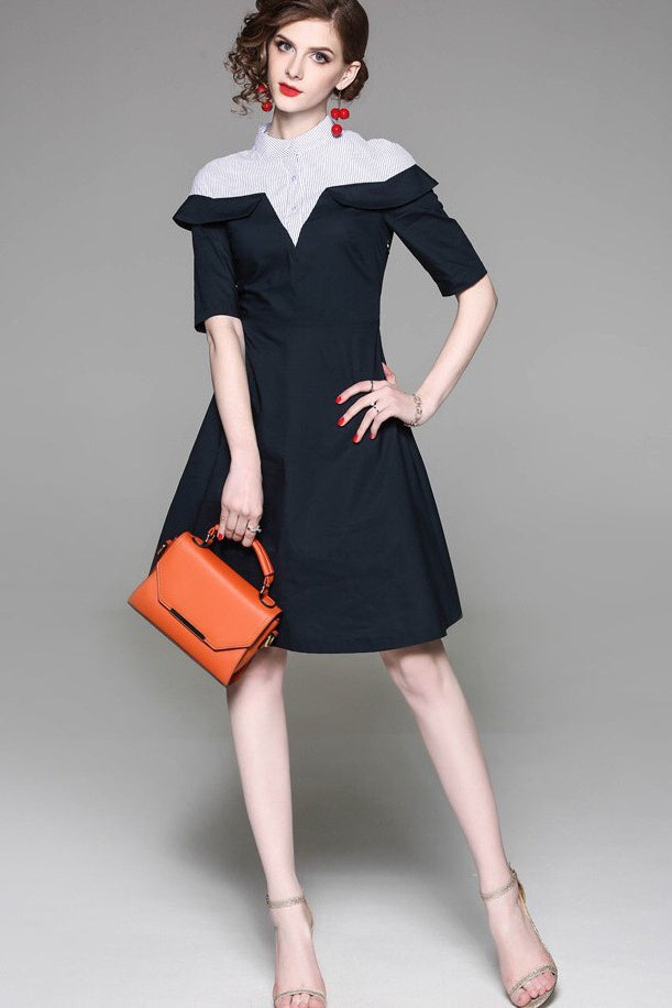 Navy Dress W/ Stripe Contrast