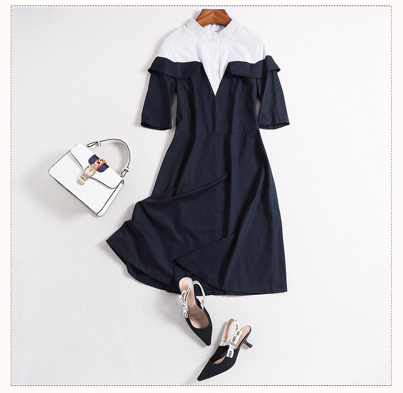 Navy Dress W/ Stripe Contrast