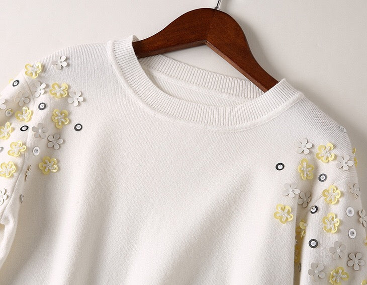 White Sweater W/ 3D Flowers