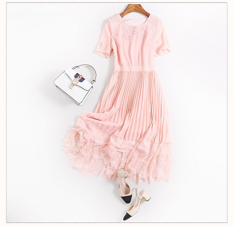 Pleated Dress W/ Lace Hem