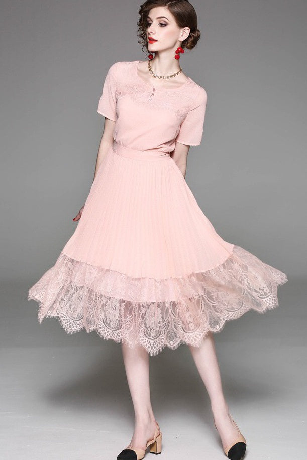 Pleated Dress W/ Lace Hem