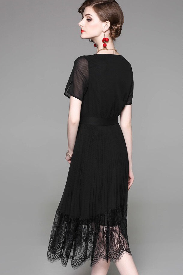 Pleated Dress W/ Lace Hem