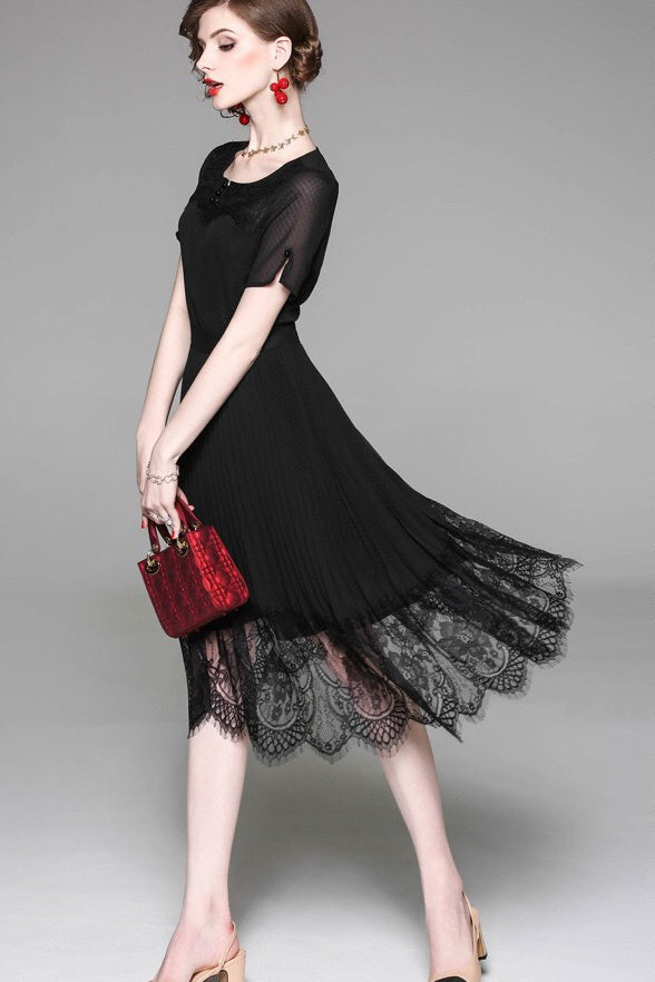 Pleated Dress W/ Lace Hem