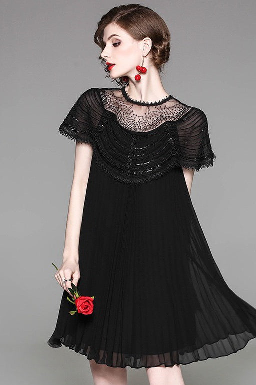 Pleated A-Line Dress W/ Bead Detail