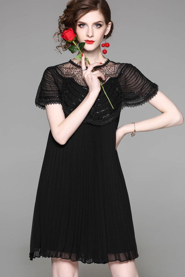 Pleated A-Line Dress W/ Bead Detail